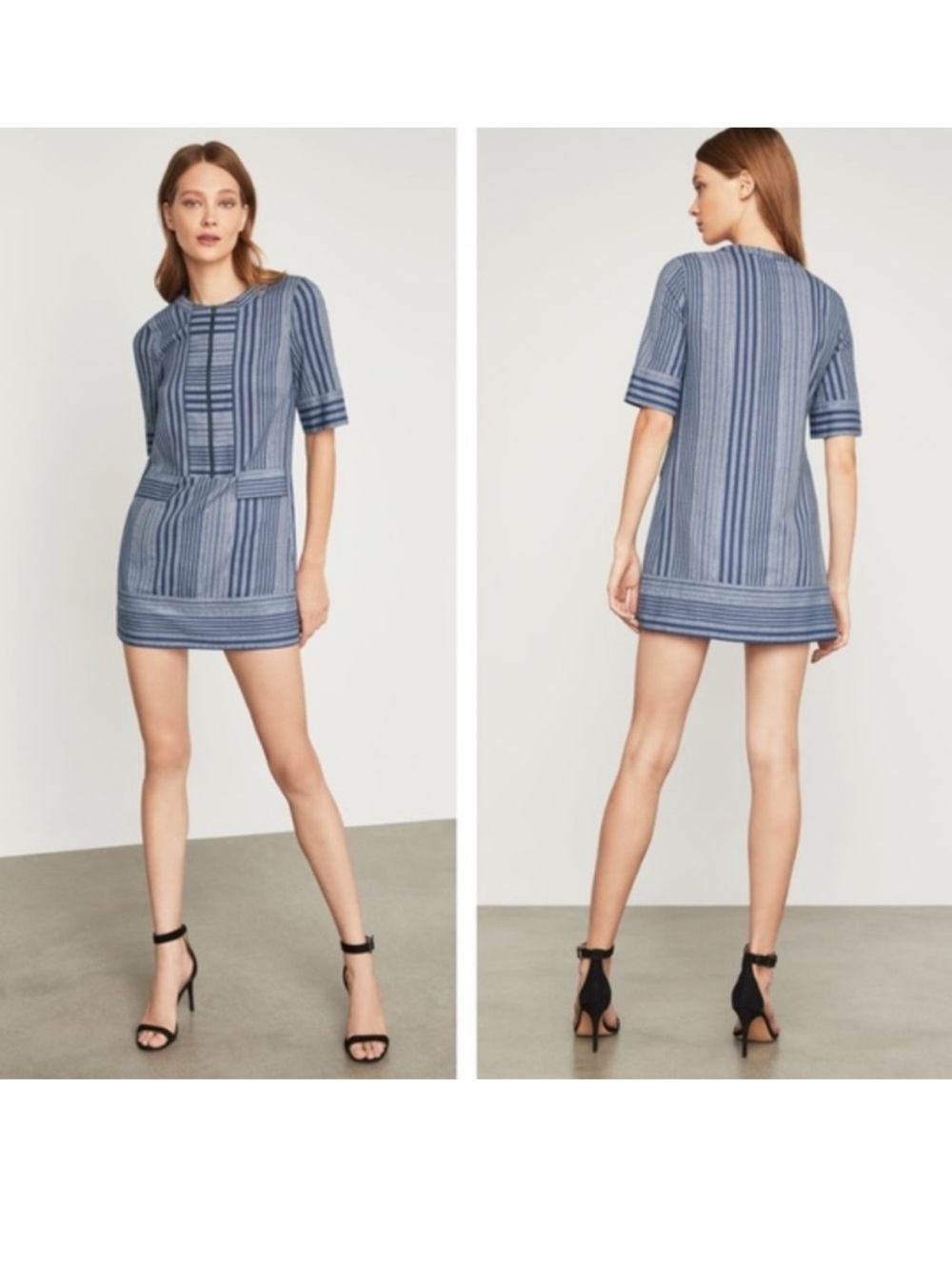BCBGMaxAzria Blue Striped Short Sleeve Mini Dress